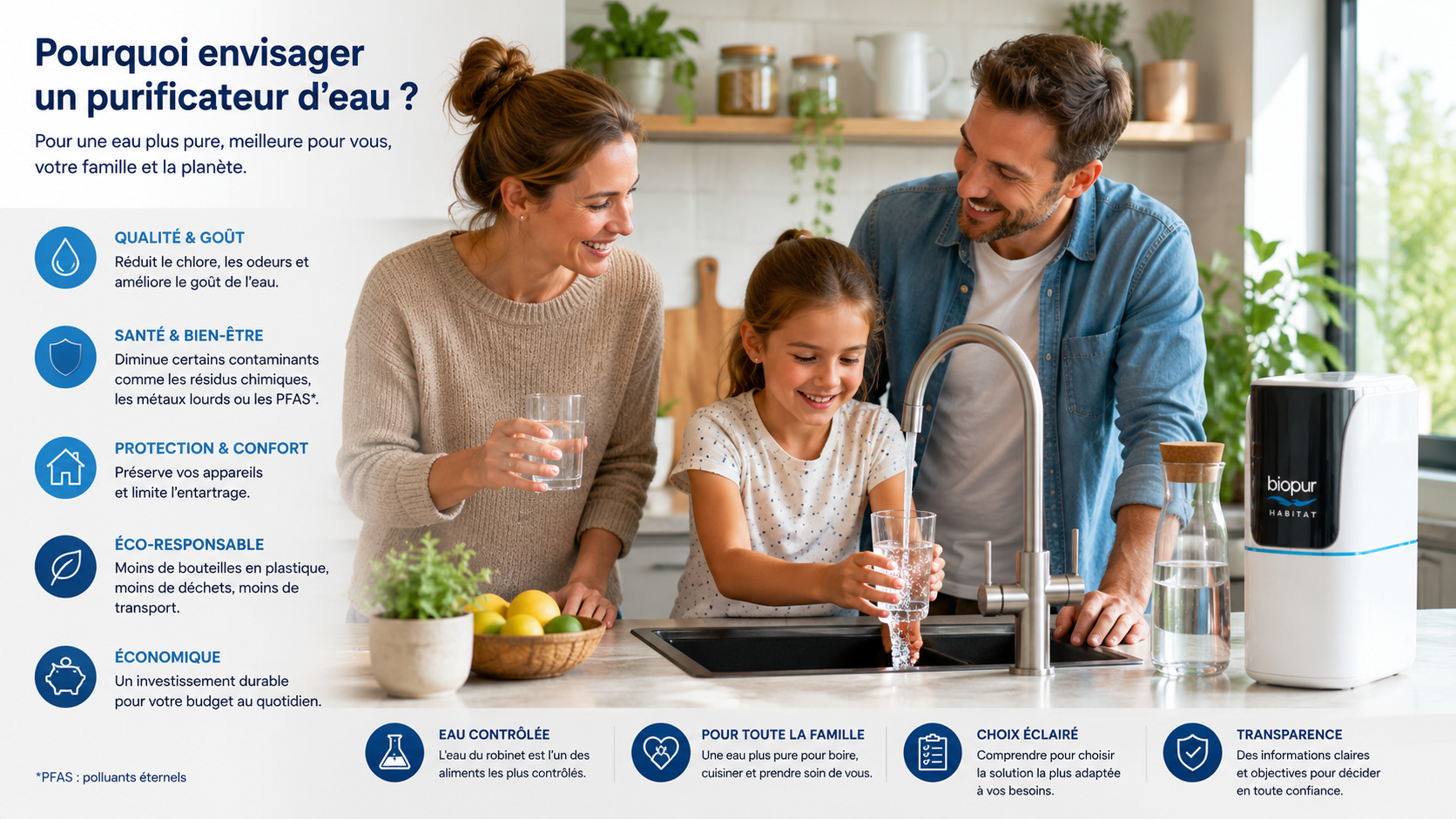 Famille utilisant de l'eau du robinet dans une cuisine moderne, illustrant les motivations à améliorer la qualité de l'eau potable.